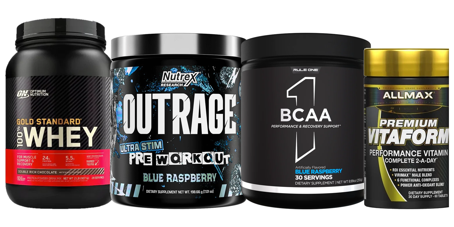 Los cuatro suplementos de REVTILE: Gold Standard Whey, Nutrex Outrage, Rule 1 BCAA y AllMax Vitaform