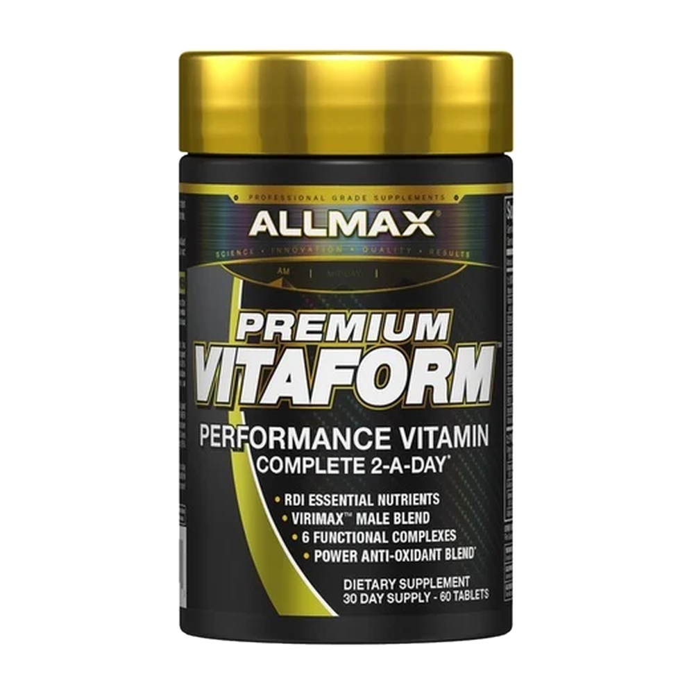 Frasco de AllMax Nutrition Premium Vitaform, multivitamínico de 60 tabletas