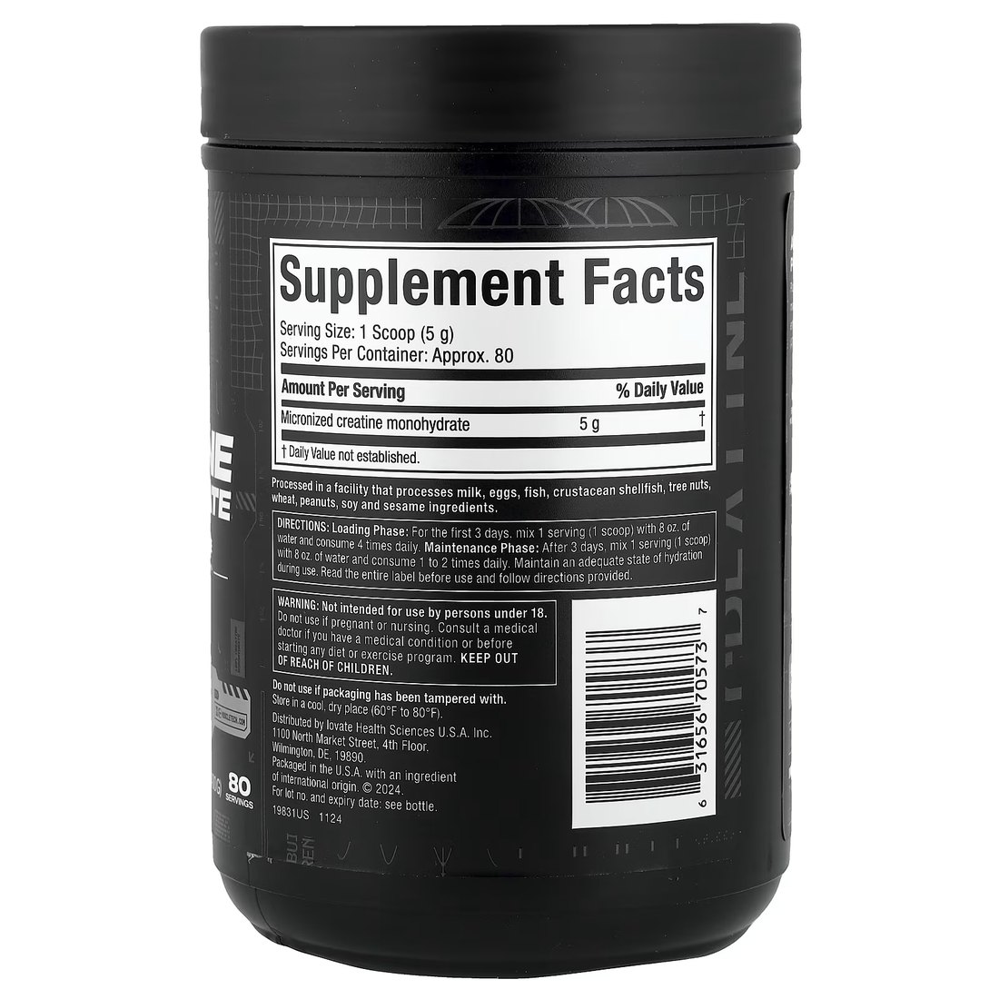 Foto de la tabla nutricional impresa en el envase de MuscleTech Platinum Creatine Monohydrate